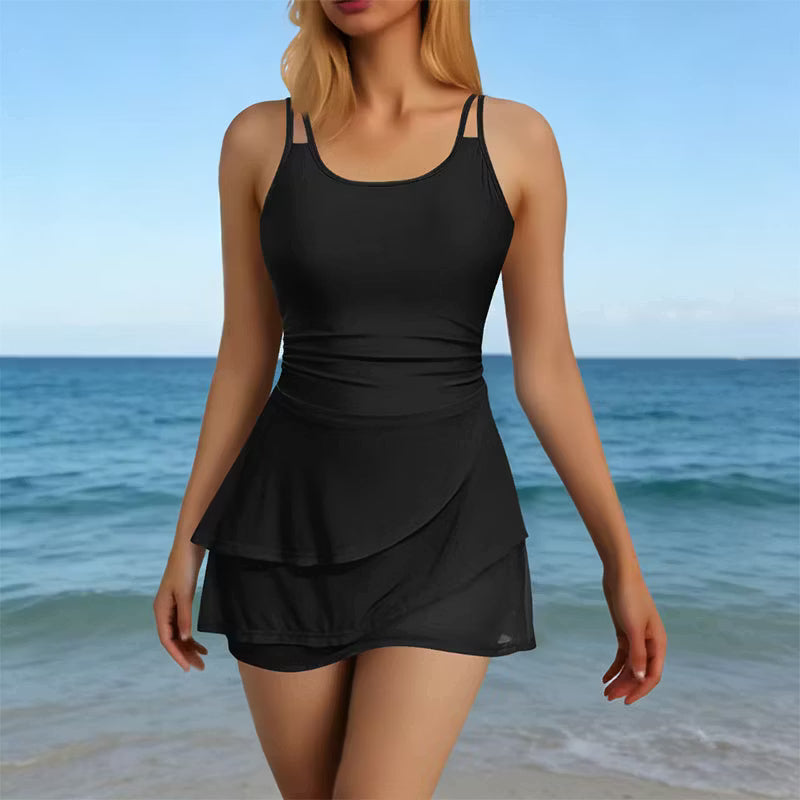 Woman wearing sculpting two-strap swimsuit at the pool