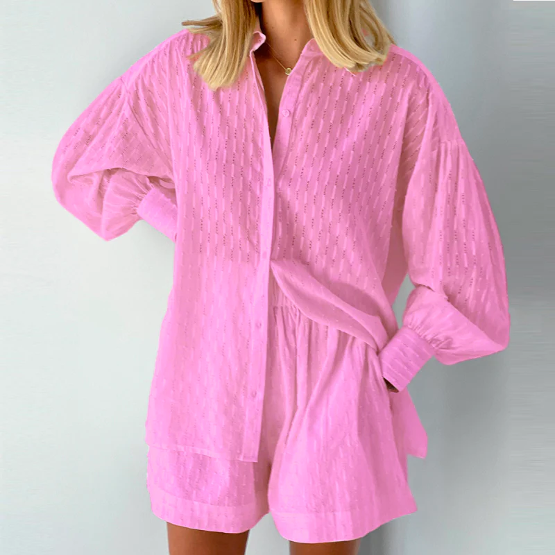 Two-piece set consisting of a button-down top and casual shorts for women | Summer