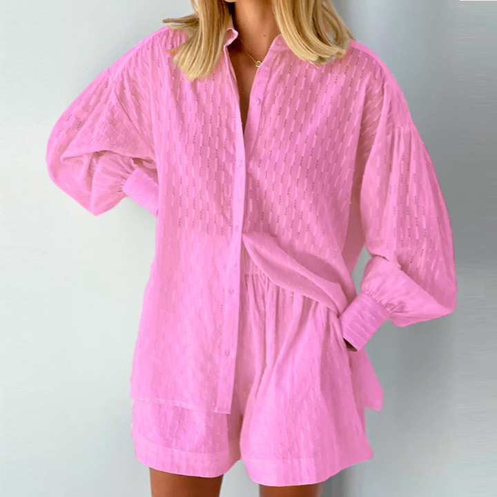 Two-piece set consisting of a button-down top and casual shorts for women | Summer
