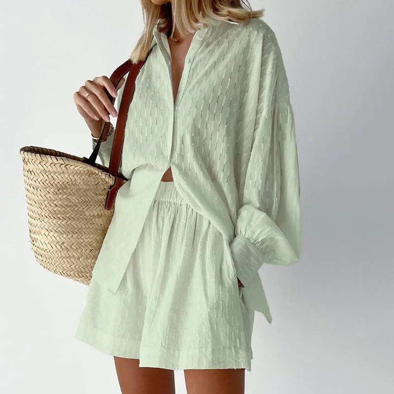 Two-piece set consisting of a button-down top and casual shorts for women | Summer