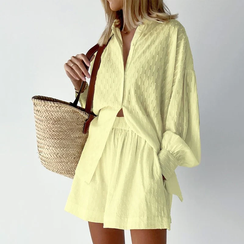 Two-piece set consisting of a button-down top and casual shorts for women | Summer