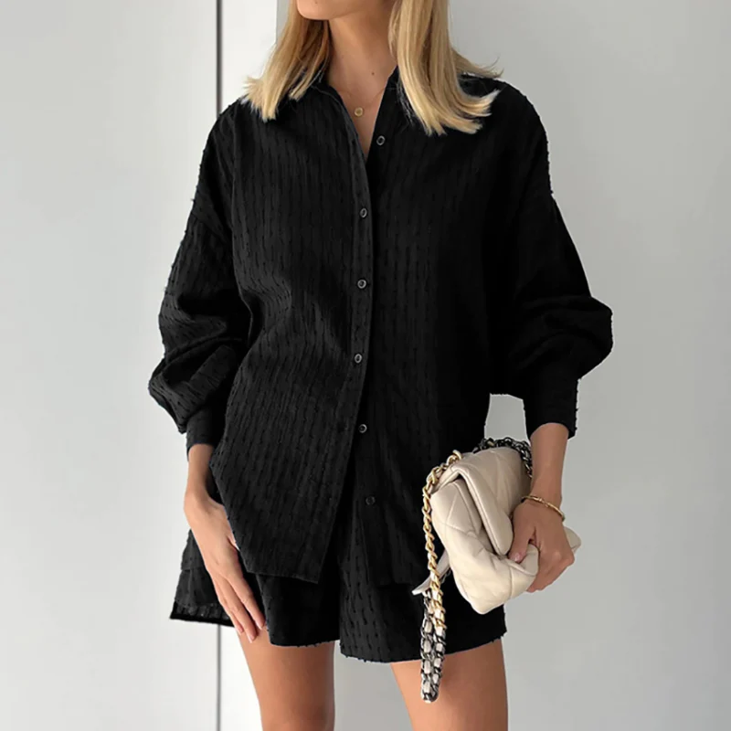 Two-piece set consisting of a button-down top and casual shorts for women | Summer