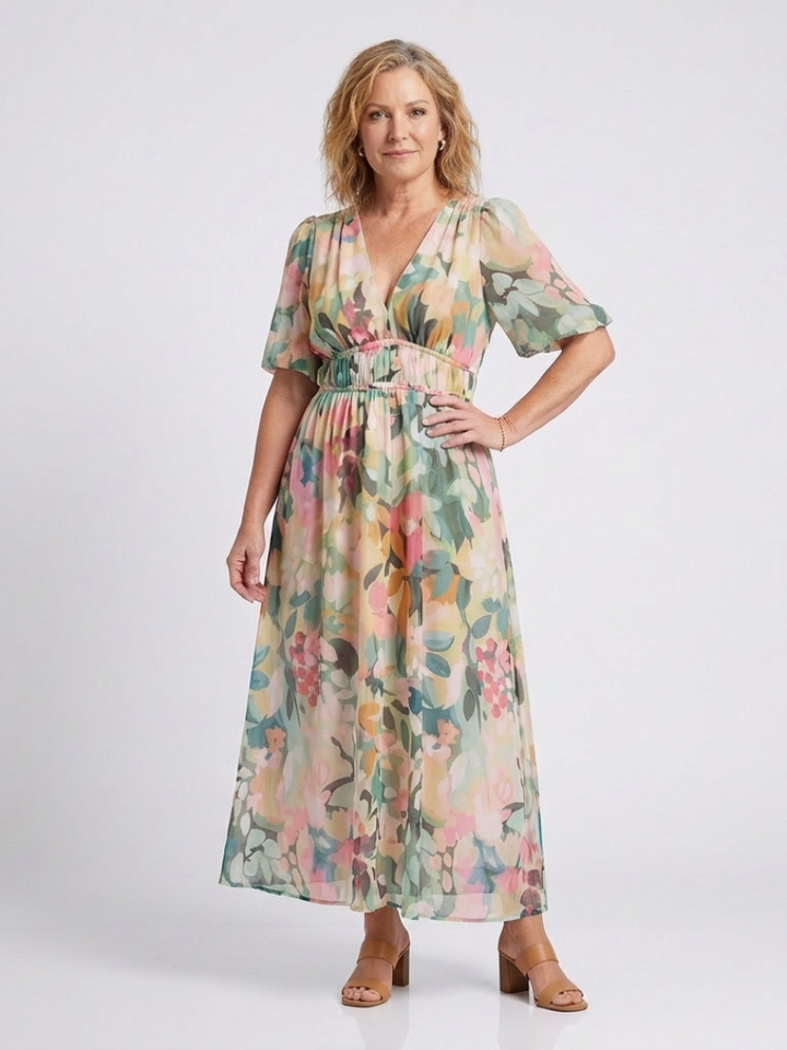 Midi Dress | V Neck & Short Sleeves | Flattering Gathered Waist | Perfect for Everyday Wear