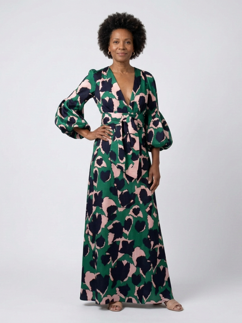 Maxi Dress | V-Neck Design | Tie Waist for Flattering Fit | Comfortable Long Sleeves