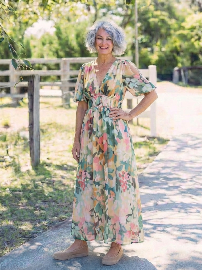 Midi Dress | V Neck & Short Sleeves | Flattering Gathered Waist | Perfect for Everyday Wear