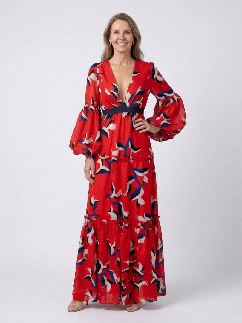 Maxi Dress | V-Neck Design | Tie Waist for Flattering Fit | Comfortable Long Sleeves