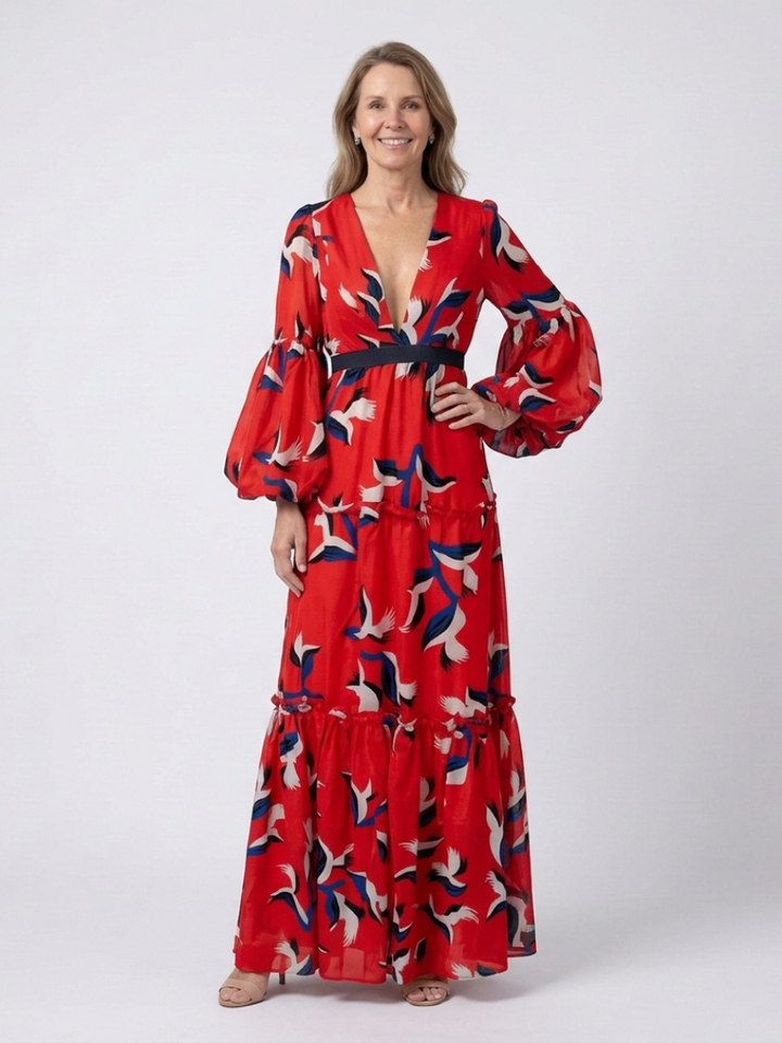 Maxi Dress | V-Neck Design | Tie Waist for Flattering Fit | Comfortable Long Sleeves