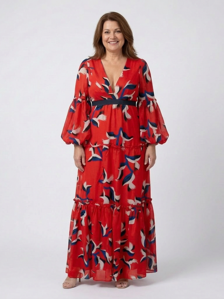 Maxi Dress | V-Neck Design | Tie Waist for Flattering Fit | Comfortable Long Sleeves