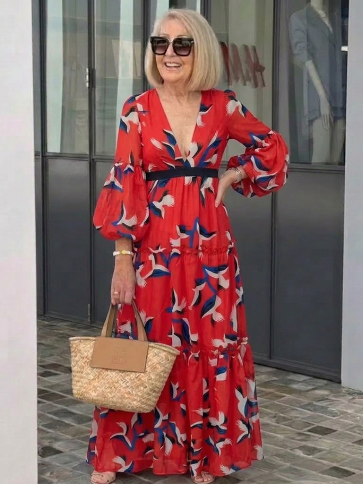 Maxi Dress | V-Neck Design | Tie Waist for Flattering Fit | Comfortable Long Sleeves