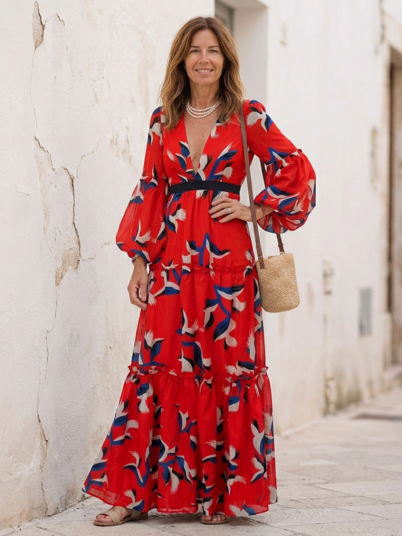 Maxi Dress | V-Neck Design | Tie Waist for Flattering Fit | Comfortable Long Sleeves