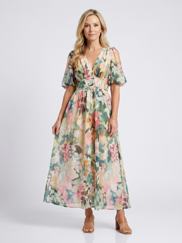 Midi Dress | V Neck & Short Sleeves | Flattering Gathered Waist | Perfect for Everyday Wear