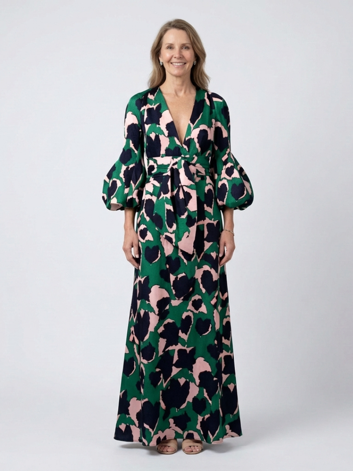 Maxi Dress | V-Neck Design | Tie Waist for Flattering Fit | Comfortable Long Sleeves