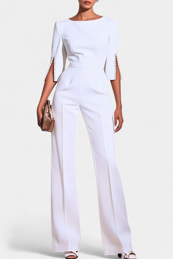 Three-Quarter Sleeve Jumpsuit | Elegant Pearl Accents | Perfect for Special Occasions | Comfortable and Versatile Design