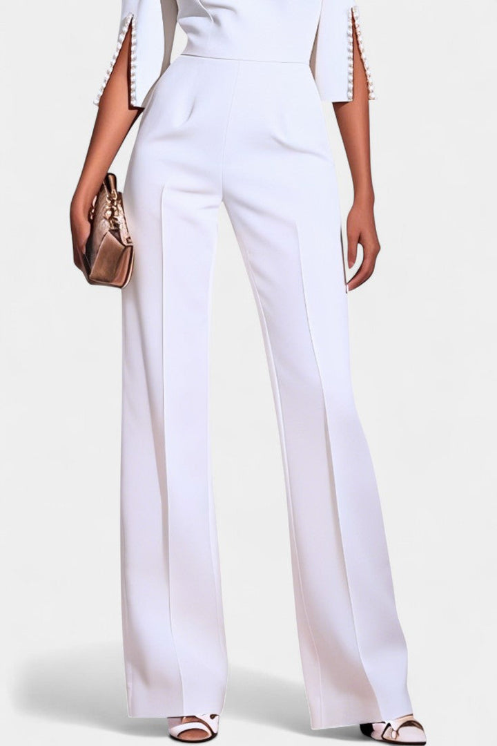 Three-Quarter Sleeve Jumpsuit | Elegant Pearl Accents | Perfect for Special Occasions | Comfortable and Versatile Design