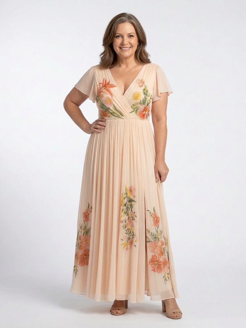 Maxi Dress | V Neck & Short Sleeves | Elegant Floral Pleats | Perfect for Summer Events