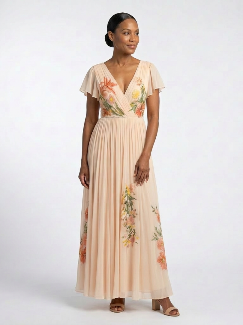 Maxi Dress | V Neck & Short Sleeves | Elegant Floral Pleats | Perfect for Summer Events