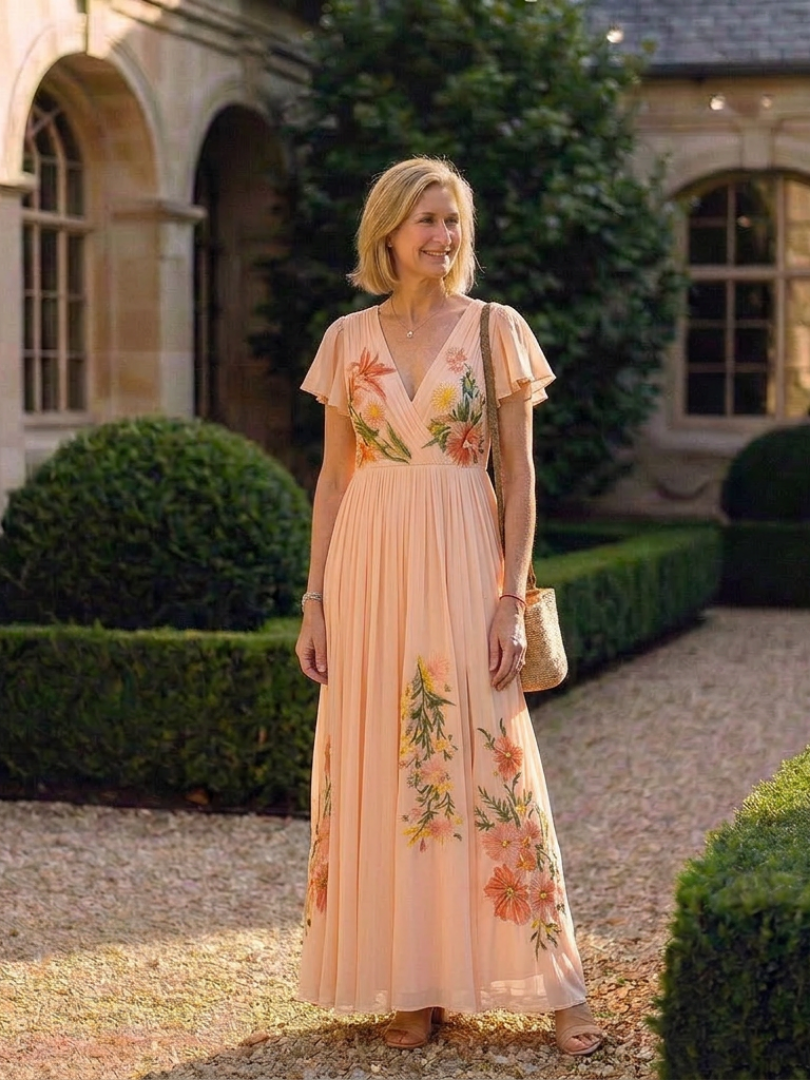 Maxi Dress | V Neck & Short Sleeves | Elegant Floral Pleats | Perfect for Summer Events