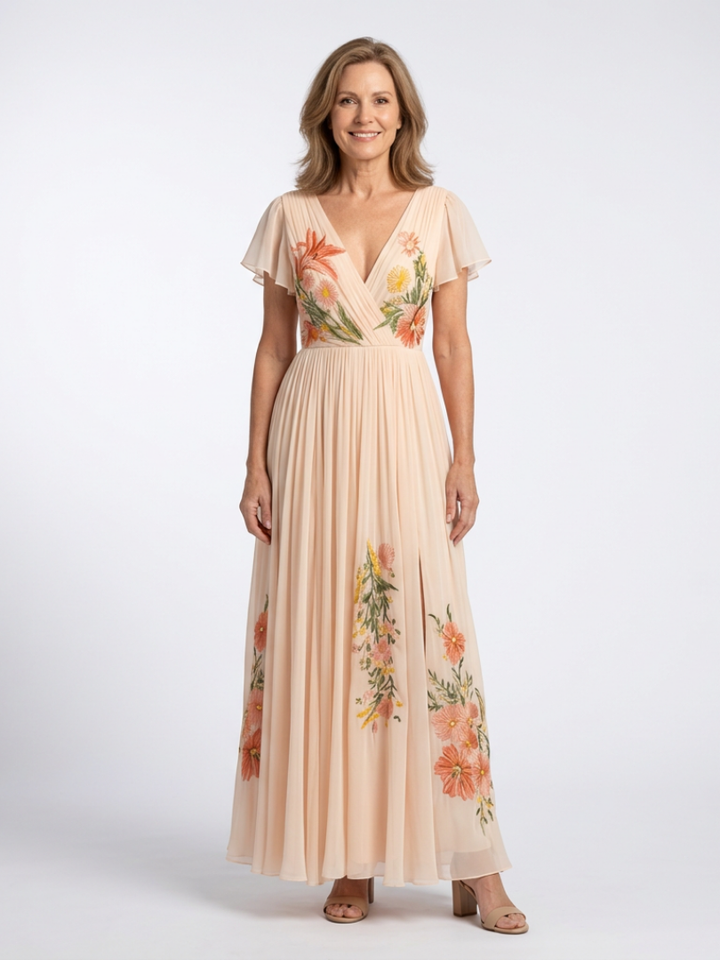 Maxi Dress | V Neck & Short Sleeves | Elegant Floral Pleats | Perfect for Summer Events