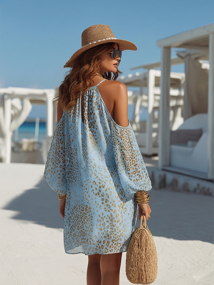 Blue off-shoulder leopard print long sleeve mini dress