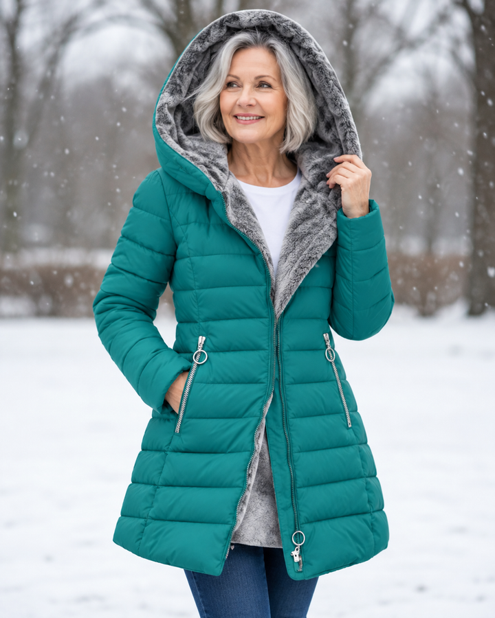 Woman wearing quilted hooded winter coat with A-line fit