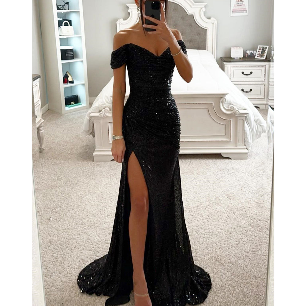 Woman wearing sequin off-shoulder split party dress
