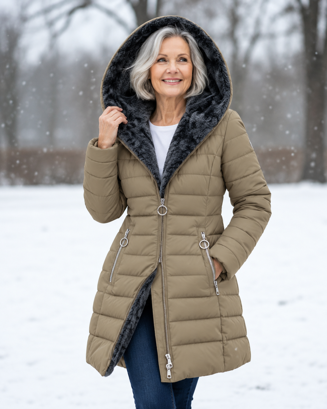 Woman wearing quilted hooded winter coat with A-line fit