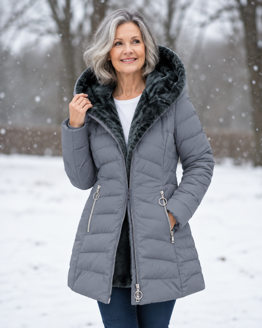 Woman wearing quilted hooded winter coat with A-line fit