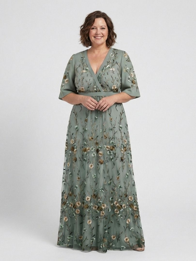 Maxi Dress | Embroidered V-Neck Design | Elegant and Flowy Style | Perfect for Special Occasions