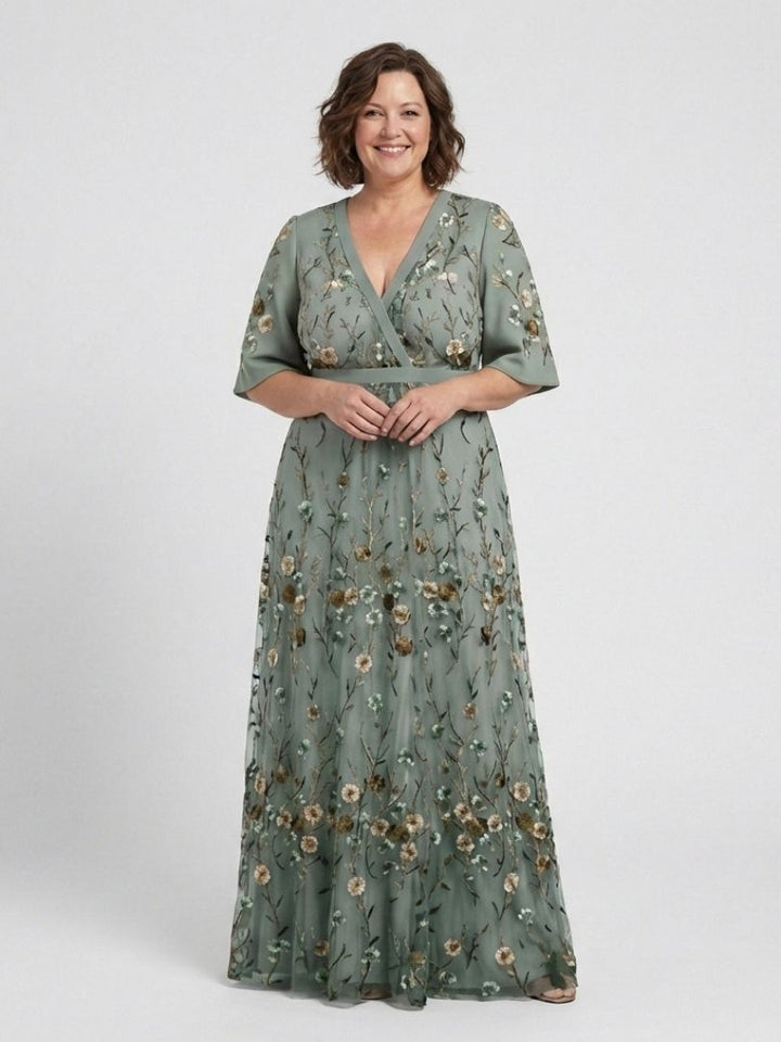 Maxi Dress | Embroidered V-Neck Design | Elegant and Flowy Style | Perfect for Special Occasions