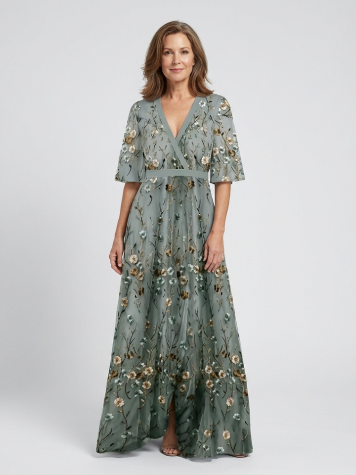 Maxi Dress | Embroidered V-Neck Design | Elegant and Flowy Style | Perfect for Special Occasions