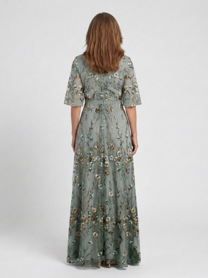 Maxi Dress | Embroidered V-Neck Design | Elegant and Flowy Style | Perfect for Special Occasions