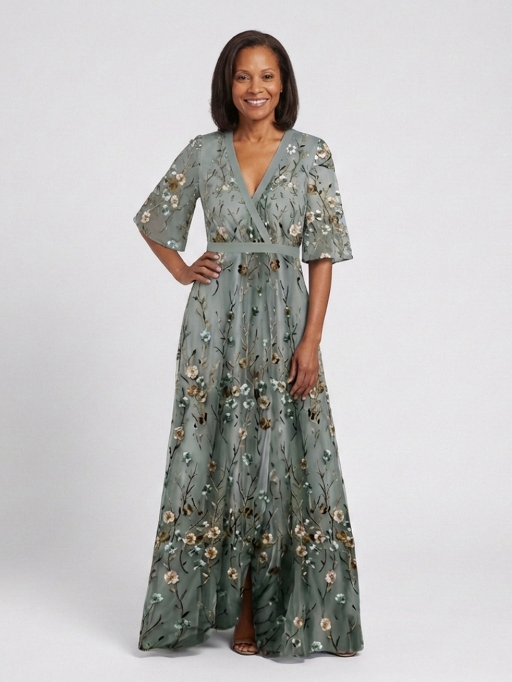 Maxi Dress | Embroidered V-Neck Design | Elegant and Flowy Style | Perfect for Special Occasions