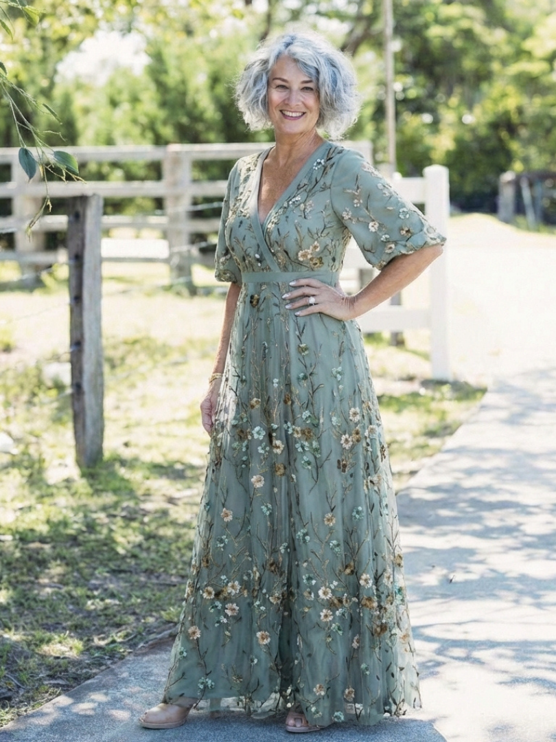 Maxi Dress | Embroidered V-Neck Design | Elegant and Flowy Style | Perfect for Special Occasions