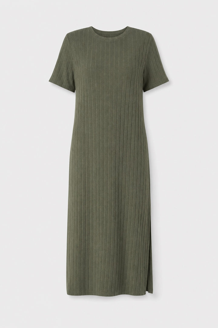 Harper Ribbed Casual Dress in green – product photo on a light grey background