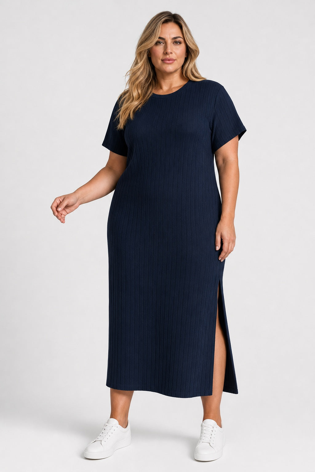Harper Ribbed Casual Dress in navy blue – front view on a model