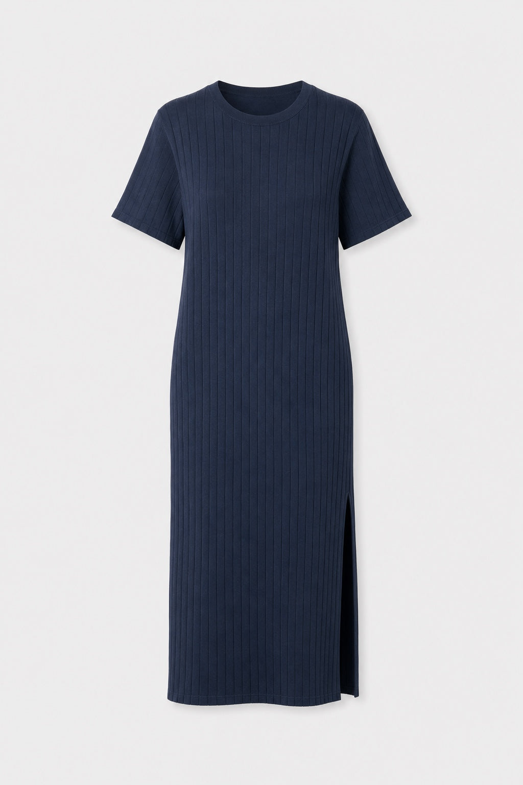 Harper Ribbed Casual Dress in navy blue – product photo on a light grey background