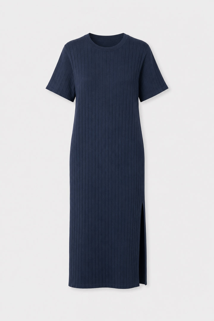 Harper Ribbed Casual Dress in navy blue – product photo on a light grey background