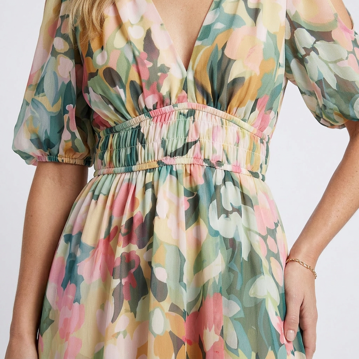 Midi Dress | V Neck & Short Sleeves | Flattering Gathered Waist | Perfect for Everyday Wear