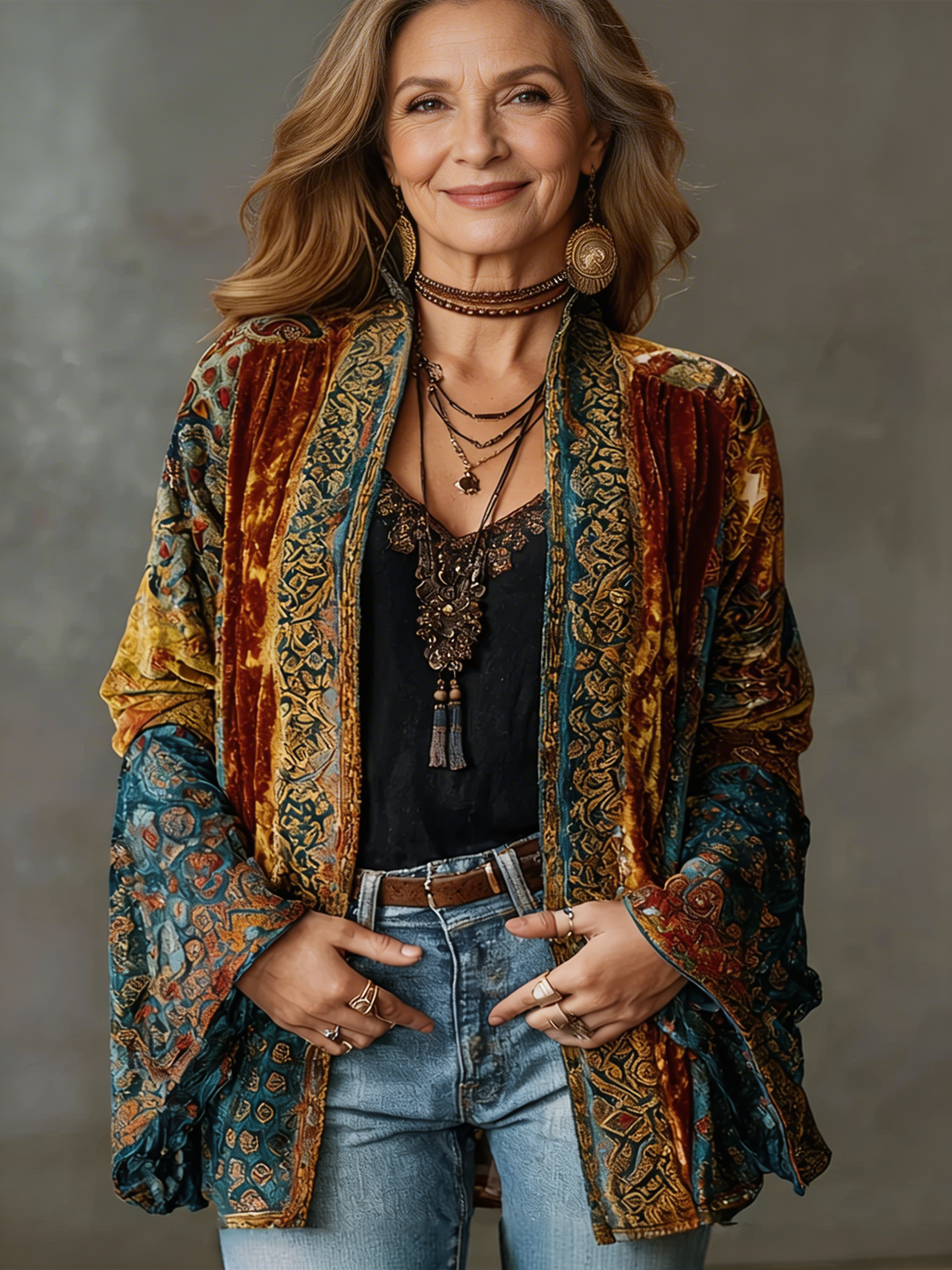 Woman wearing boho kimono jacket with wide sleeves