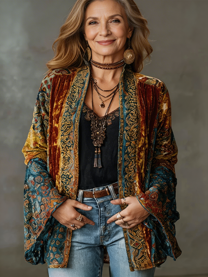 Woman wearing boho kimono jacket with wide sleeves