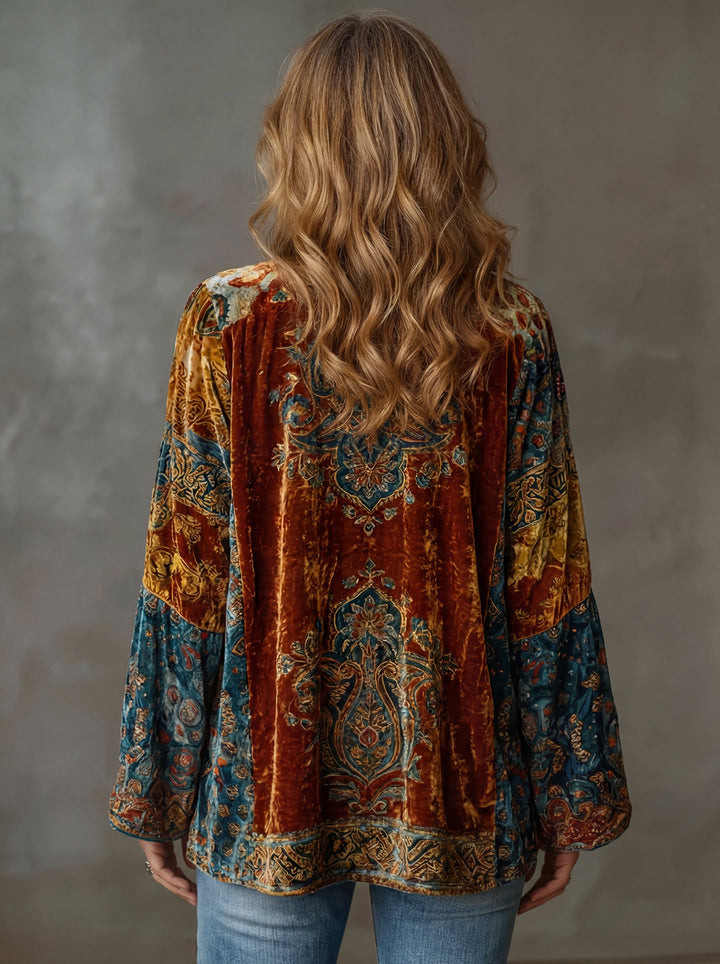 Woman wearing boho kimono jacket with wide sleeves