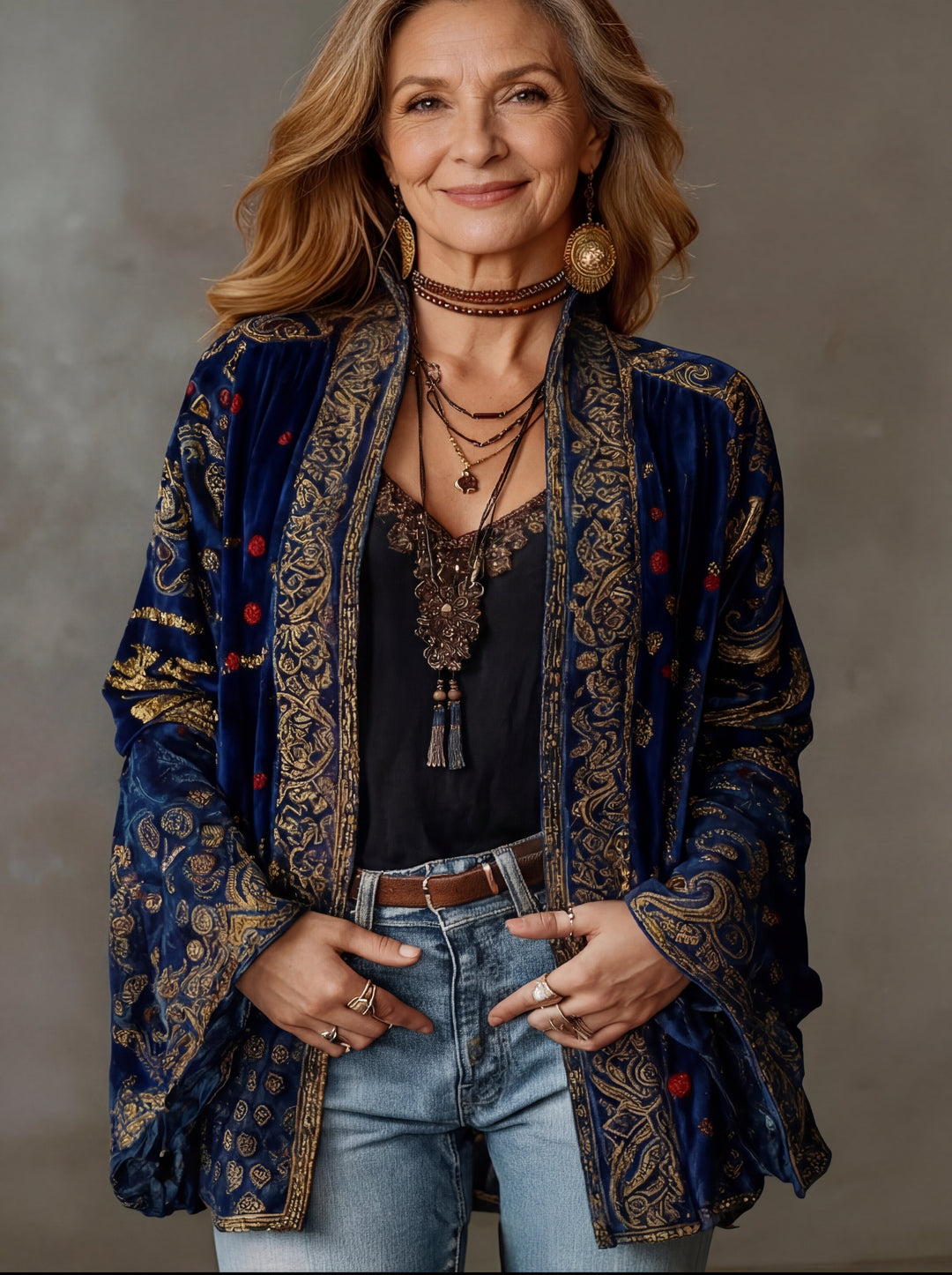 Woman wearing boho kimono jacket with wide sleeves
