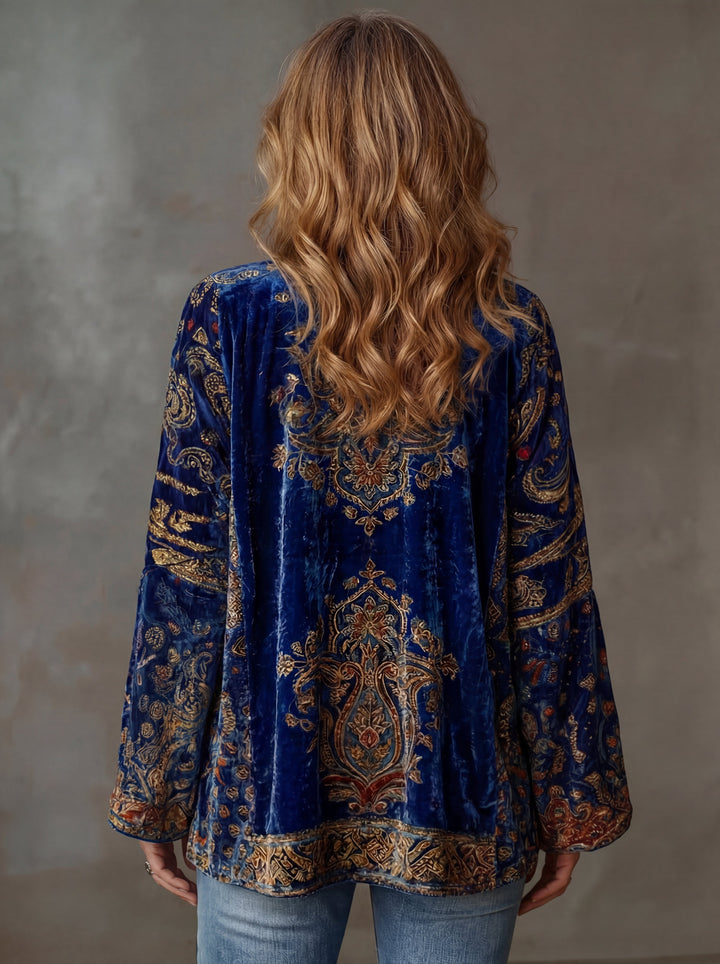 Woman wearing boho kimono jacket with wide sleeves