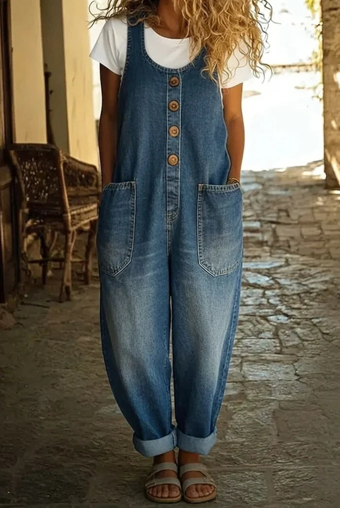 Woman wearing a wide leg oversized jumpsuit with adjustable straps