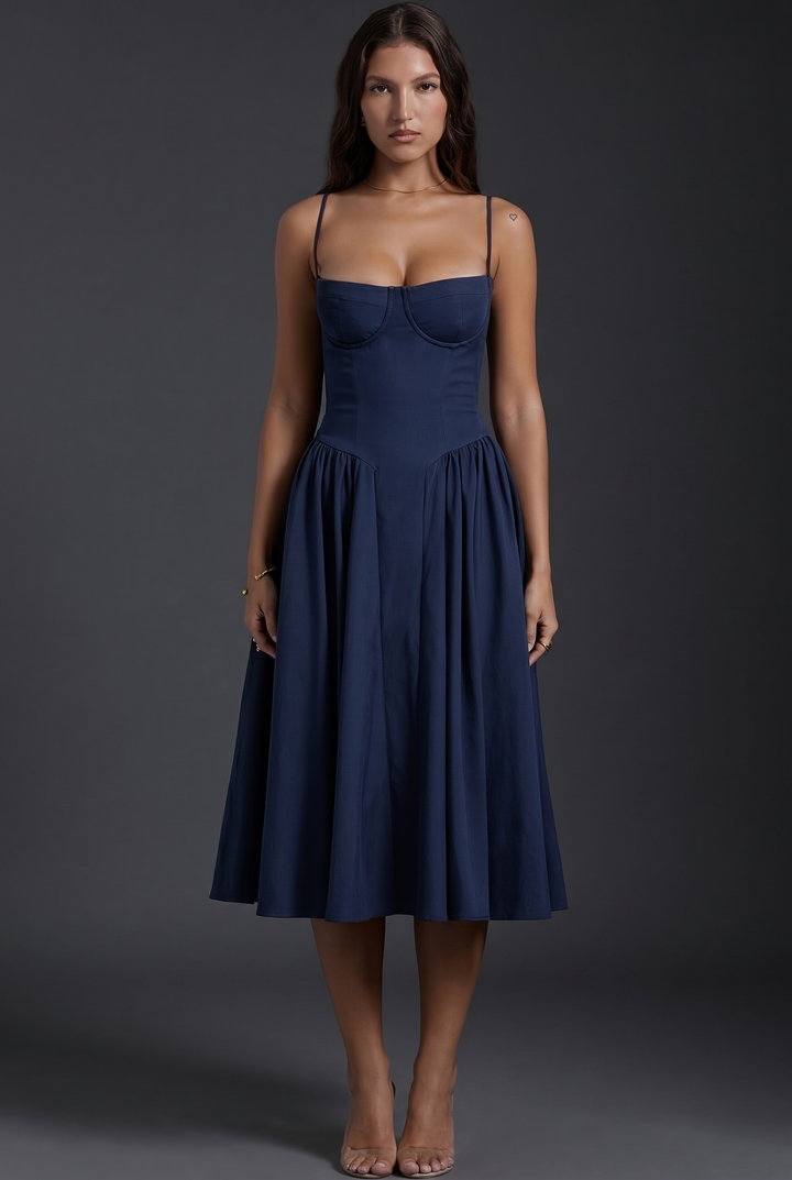 Woman wearing structured bodice midi dress with flared skirt