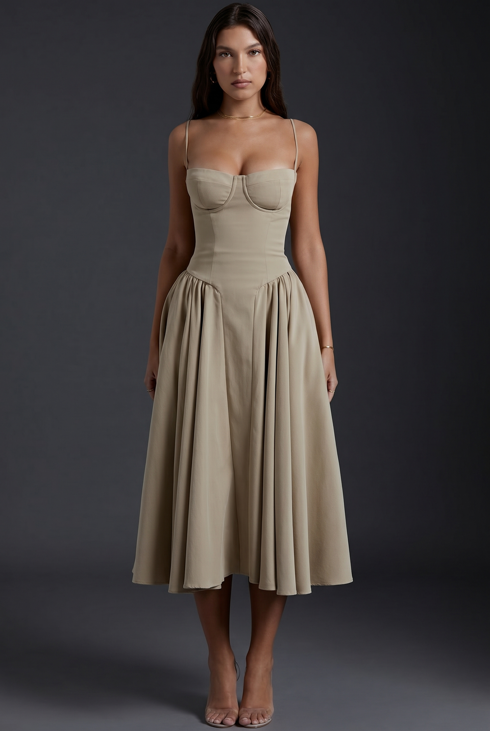 Woman wearing structured bodice midi dress with flared skirt