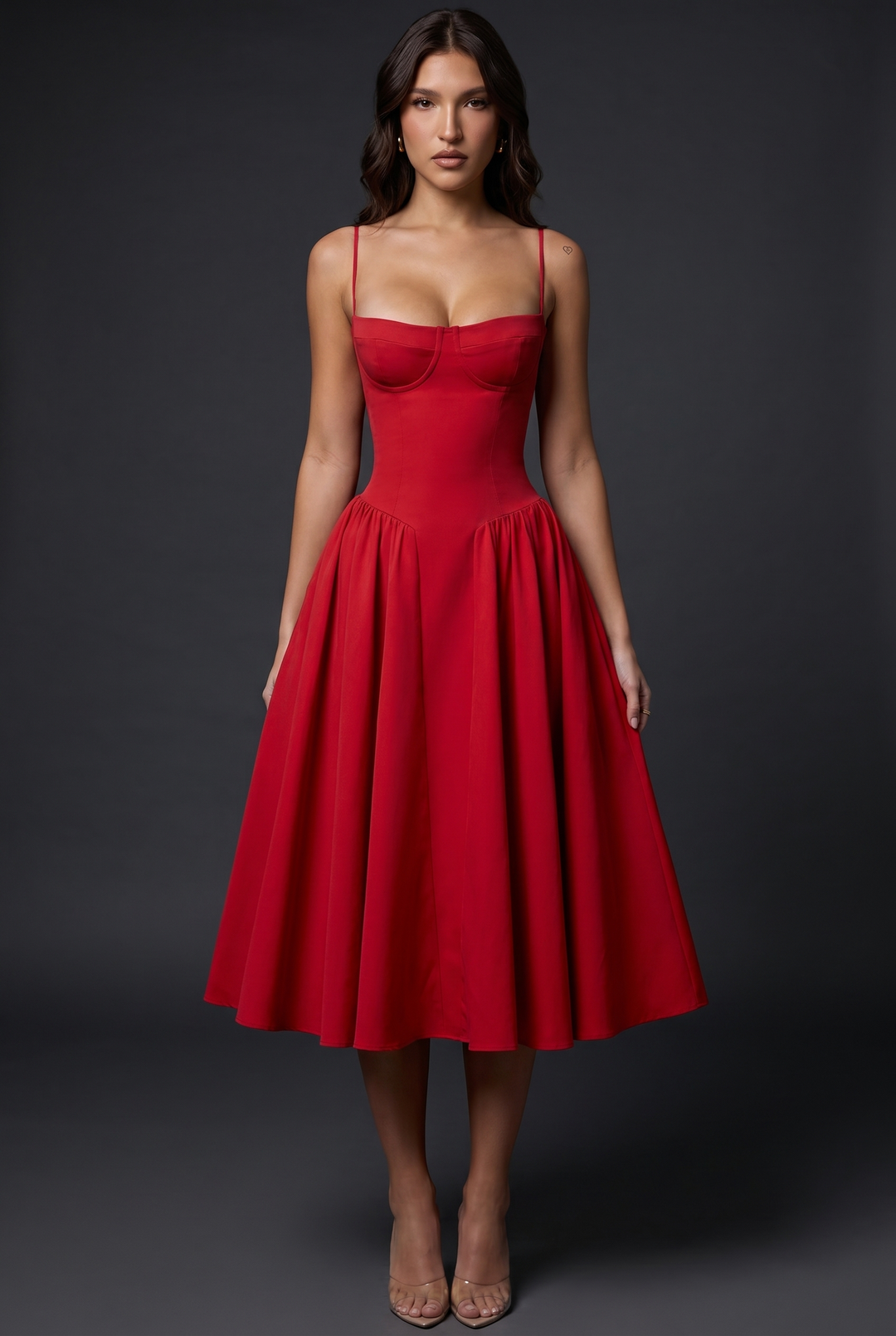 Woman wearing structured bodice midi dress with flared skirt
