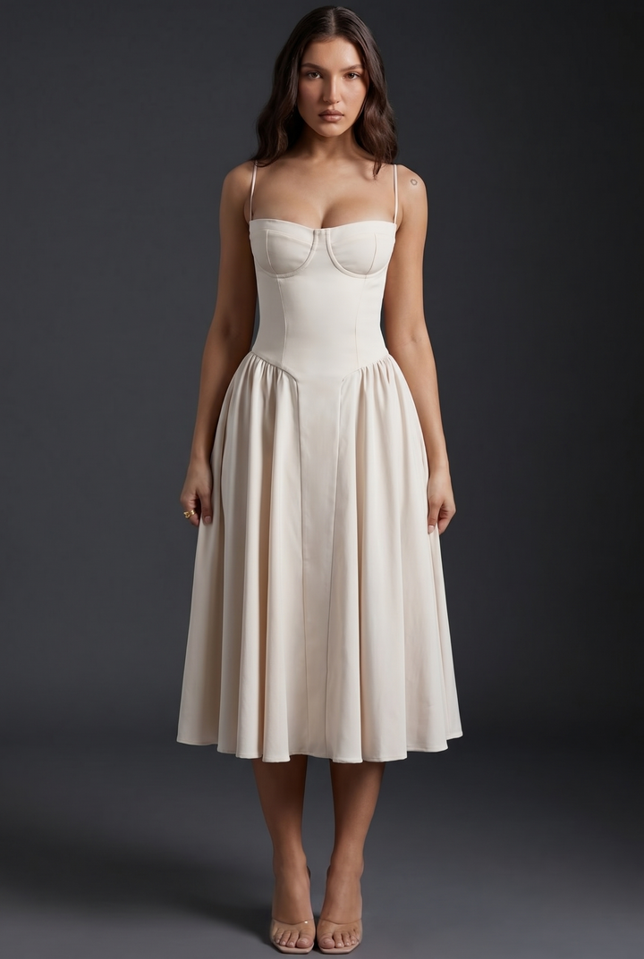 Woman wearing structured bodice midi dress with flared skirt