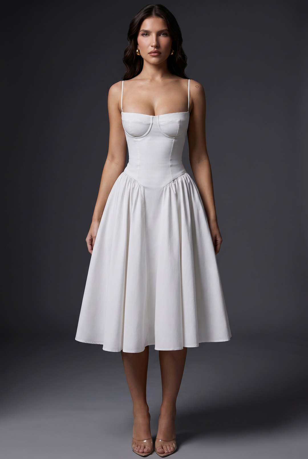 Woman wearing structured bodice midi dress with flared skirt