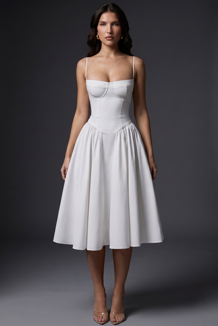Woman wearing structured bodice midi dress with flared skirt